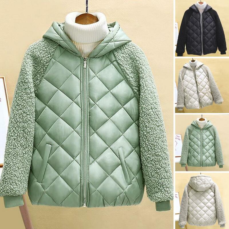 Manteau en coton à capuche pour femme avec doublure en peluche, veste patchwork à manches longues, poches, degré froid, hiver