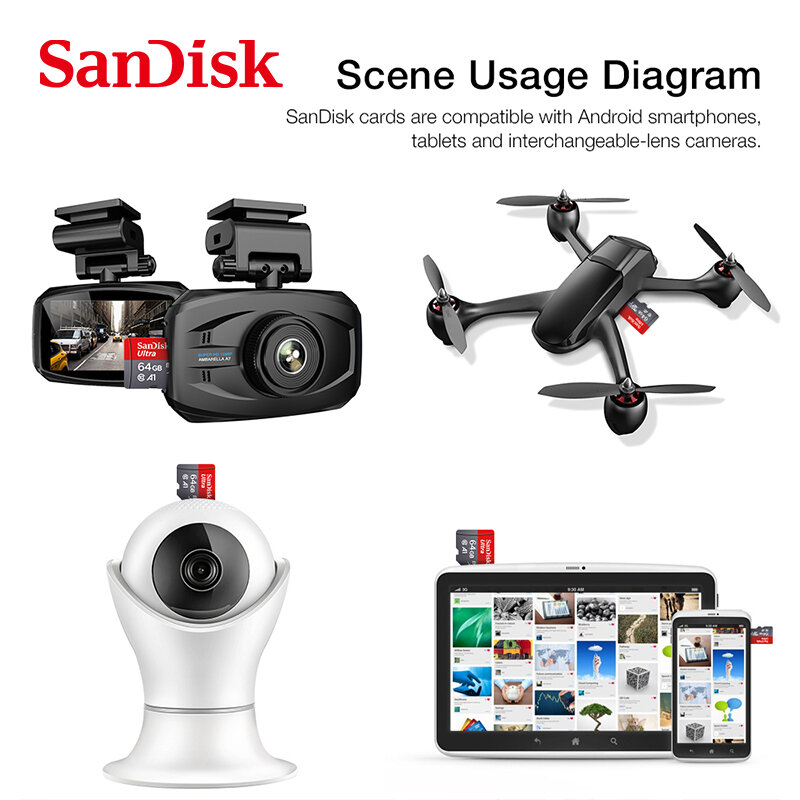 SanDisk 울트라 마이크로 SDXC UHS-I 메모리 카드, C10 U1 풀 HD A1, 64G, 128G, 256G, 512G, 최대 100 MB/s 마이크로 SD 카드, Camare 휴대폰용