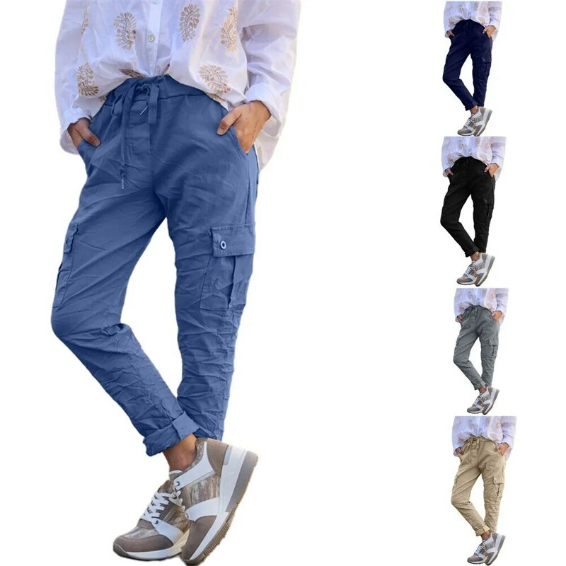 Pantalones de cintura elástica con múltiples bolsillos para mujer, Joggers sueltos informales con cordón, pantalones de chándal para mujer, nuevos