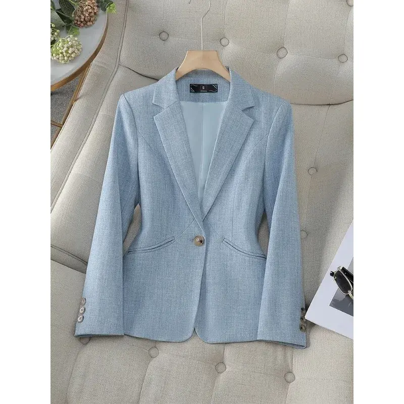 Fashion Women Formal Blazer Ladies Gray Khaki Blue Female Long Sleeve Single Button Business Work Wear Jacket For Autumn Winter