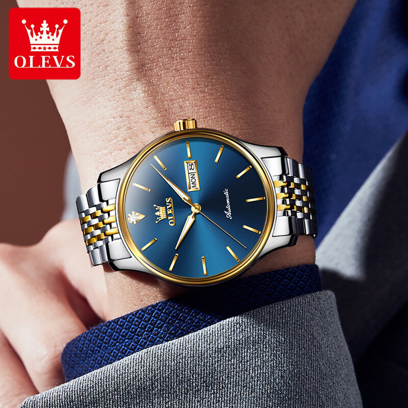 OLEVS Original Top Luxury Brands Men's Watches Stainless Seel Fully Automatic Mechanical Watch Waterproof Luminous Dual Calendar