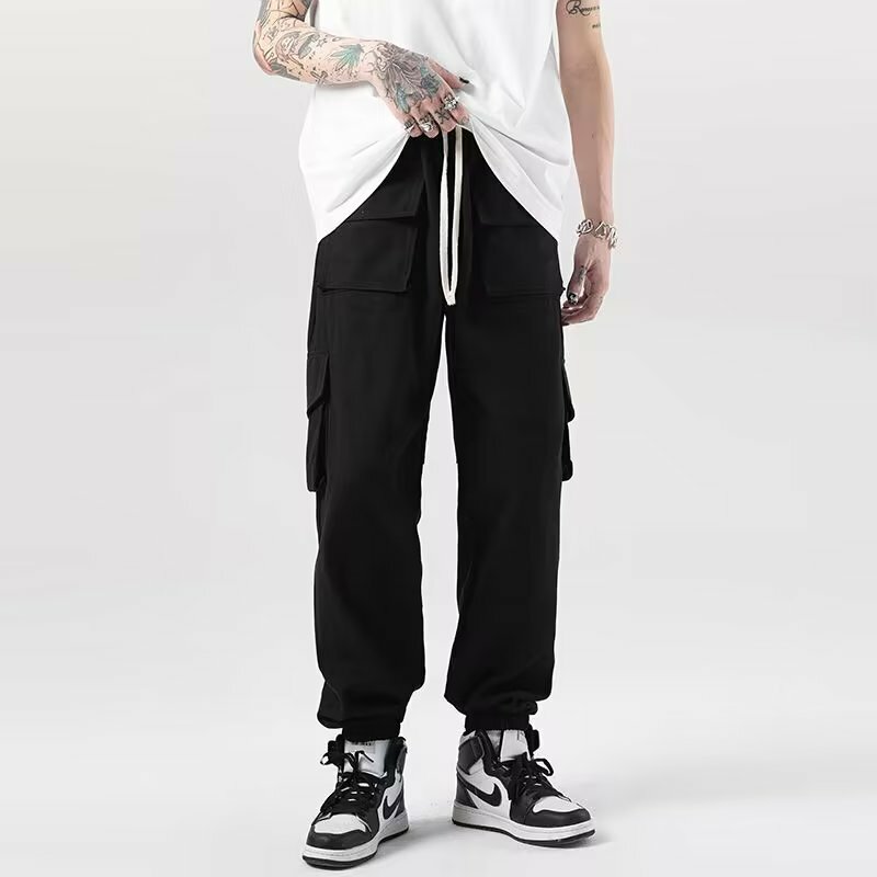 Men Pants Streetwear Multi Pockets Spring Fashion Drawstring Baggy Solid Techwear Leisure Japanese Style Students Daily Trousers