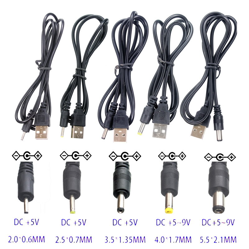 Câble d'Alimentation USB 2.0 A Mâle vers DC 2.0x0.6mm, 2.5x0.7mm, 3.5x1.35mm, 4.0x1.7mm, 5.5x2.1mm, 5 Volts DC Barrel Jack, Connecteur Chargeur