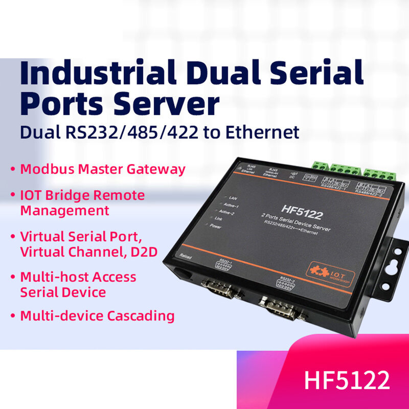 Convertidor de servidor Ethernet HF5122, 2 puertos serie, RS232, RS485, RS422 a RJ45, compatible con protocolo TCP/IP Telnet Modbus TCP