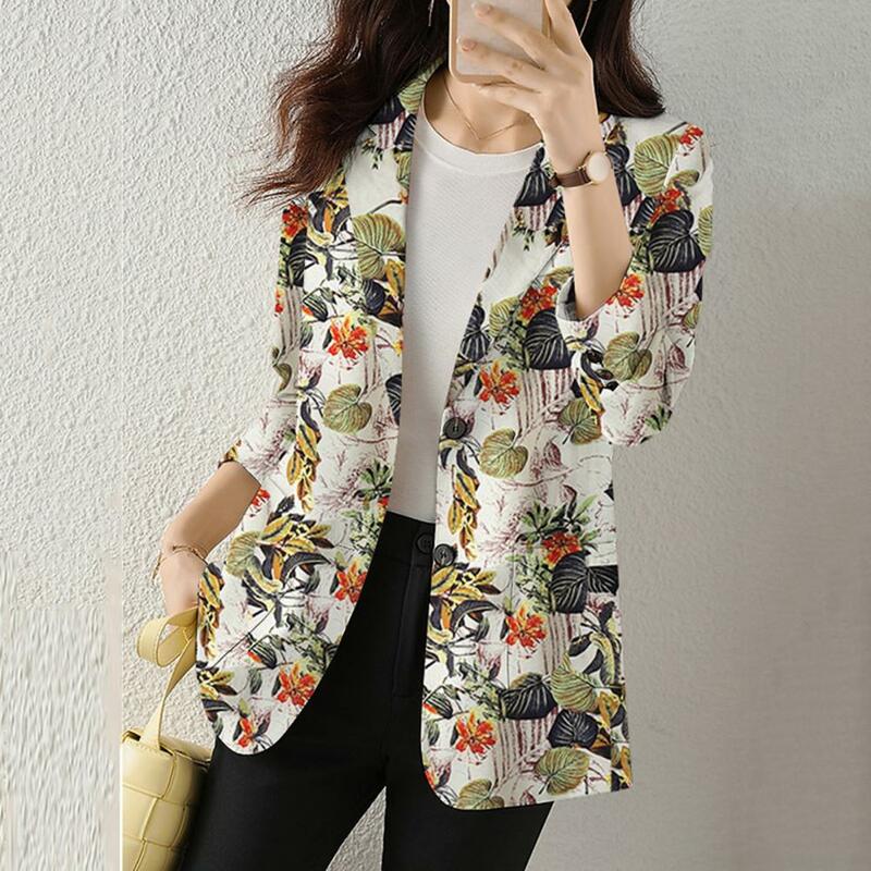 Jaqueta de terno estampado floral feminino, elegante casaco de lapela, bolsos de fechamento de botão único, Vestuário feminino Outerwear