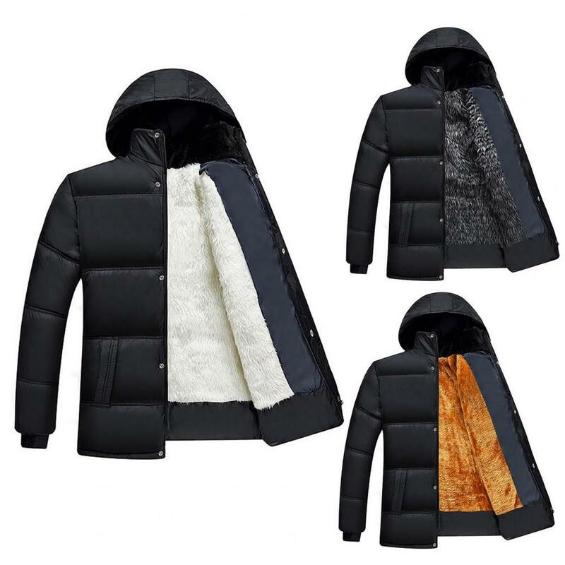 Men Winter Cotton Coat Padded Thick Plush Hooded Winter Coat Soft Button Closure Windproof Elastic Cuff Mid-aged Men Jacket