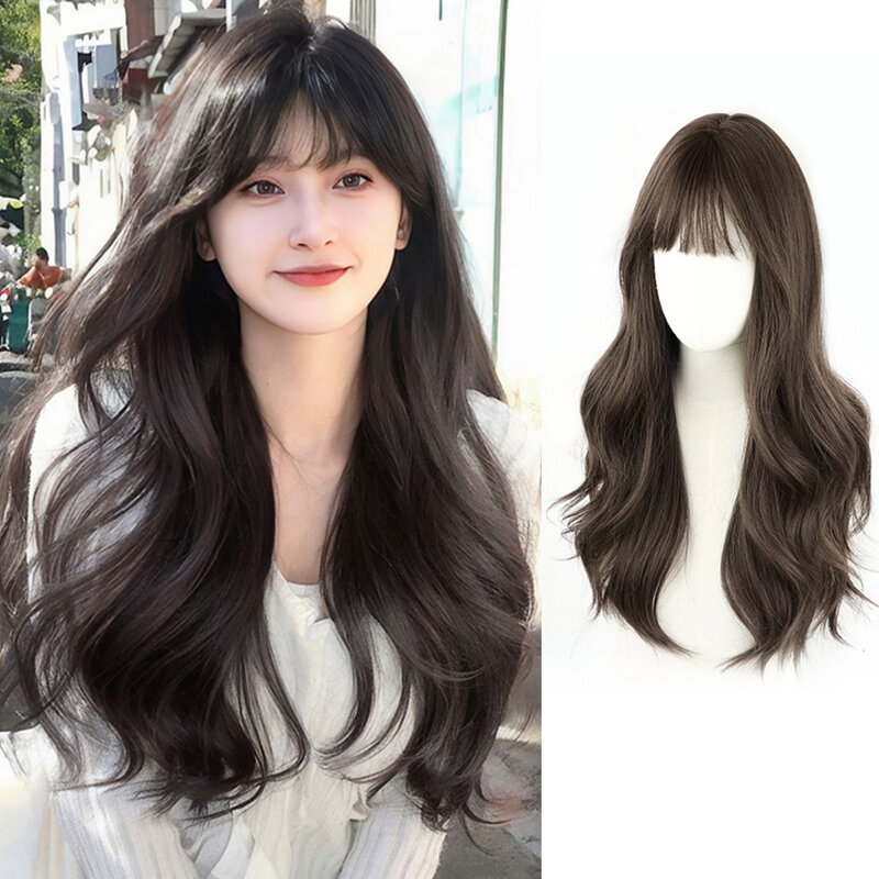 Long Brown Black Wavy Wigs Synthetic Hair Brown Wig with Bangs Heat Resistant Natural Daily Wig for Asian Women Girls