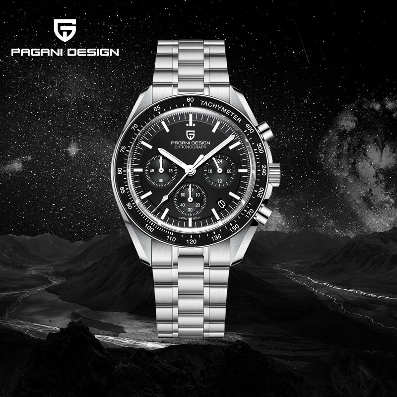 ページニデザインメンズクォーツ腕時計、クロノグラフ、サファイア、ベゼル、発光、高級、防水、新品、2023