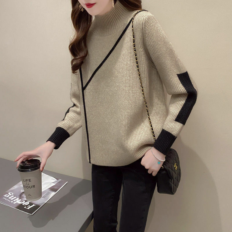 Inverno gola alta moda solta cor sólida listrado manga comprida tricô t-shirts casual coreano confortável roupas femininas