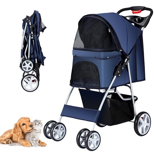 Cochecito plegable para mascotas, carrito de 4 ruedas para perros y gatos medianos y pequeños, con cesta de almacenamiento