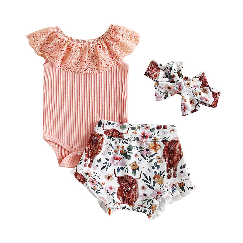 Baby Baby Mädchen Western Kuh Outfits Rüschen Shorts Set gerippte Spitze Stram pler Shorts Haarband 3 Stück Sommer Kleidung Sets