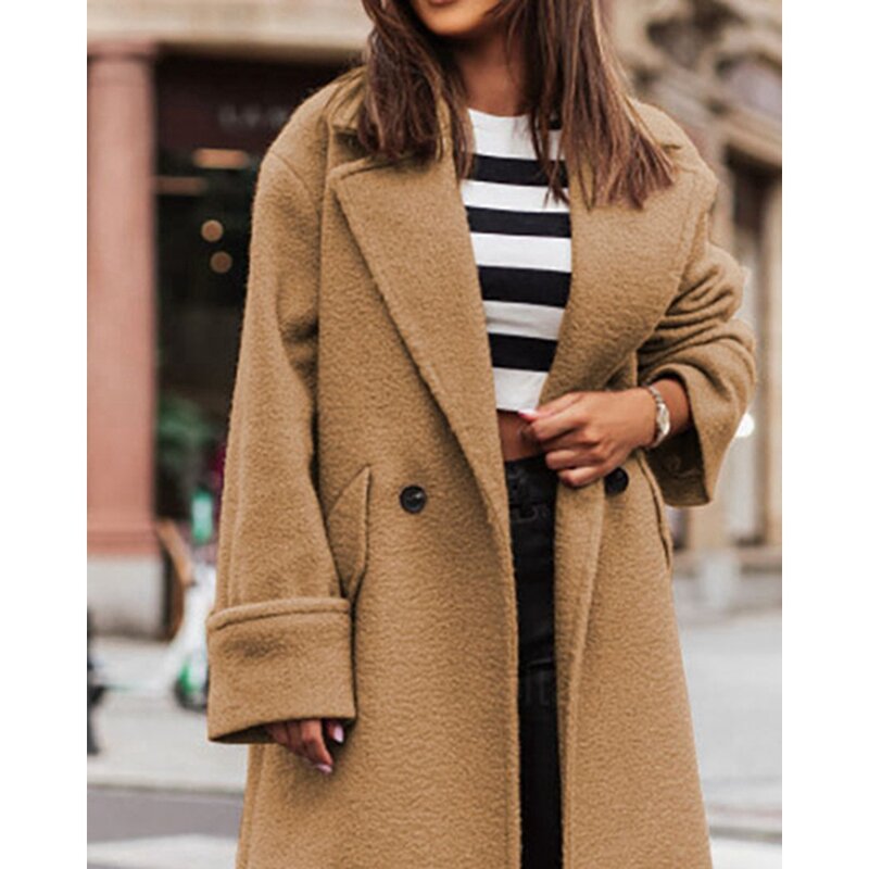 Женское длинное пальто на пуговицах, Элегантное повседневное офисное пальто с воротником-стойкой, Осень-зима 2023