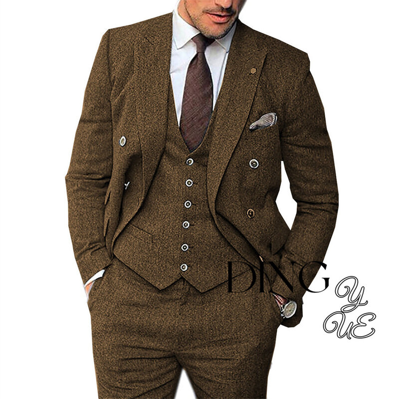 Traje clásico de Tweed para hombre, esmoquin de solapa con muesca de espiga, Blazer, chaleco y pantalones, 3 piezas