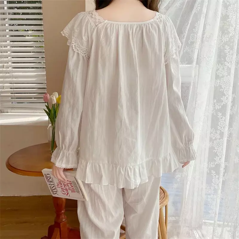 Pyjama Sets Vrouwen Witte Kanten Zoete Nachtkleding Elegante Mode Losse Homewear Zacht Katoen Franse Casual Nachtkleding Herfst Nieuwe D800