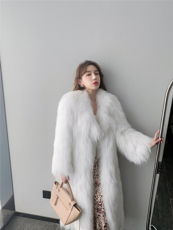Abrigo de piel de mapache para mujer, abrigo de largo medio con solapa grande y estilo elegante, piel de zorro importada
