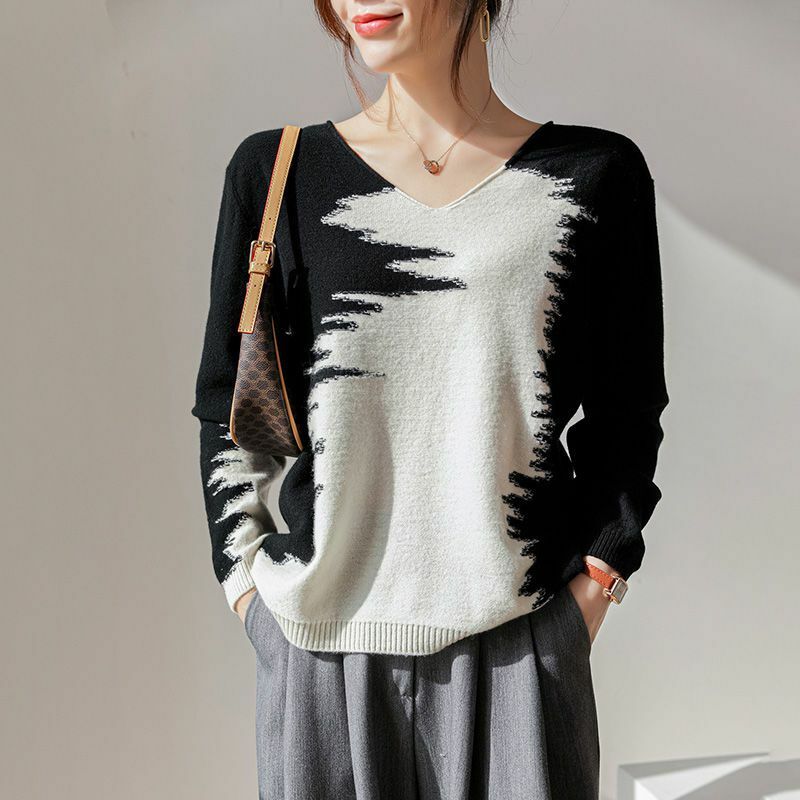 Женский вязаный свитер контрастных цветов, повседневный простой пуловер контрастных цветов с V-образным вырезом и длинными рукавами в уличном стиле, джемпер для женщин на осень и зиму