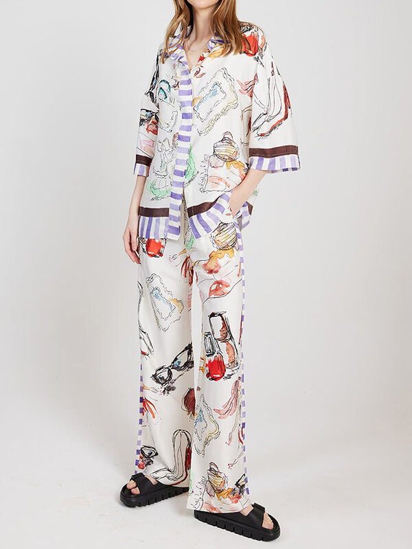 Roupa feminina com 2 peças estampada, gola lapela, manga de 3-4, camisa de botão, calça elástica na cintura, moda, conjunto de primavera