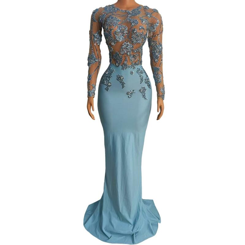 Vestido de noche de cola de diamantes brillantes azules para mujer, hermoso vestido de verano, vestidos de fiesta de boda elegantes, dama de honor BIyue, nuevo estilo
