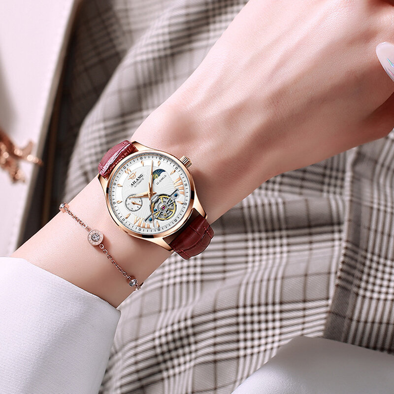 Reloj Automático de Tourbillon para mujer, relojes mecánicos de lujo para mujer, relojes mecánicos de oro rosa