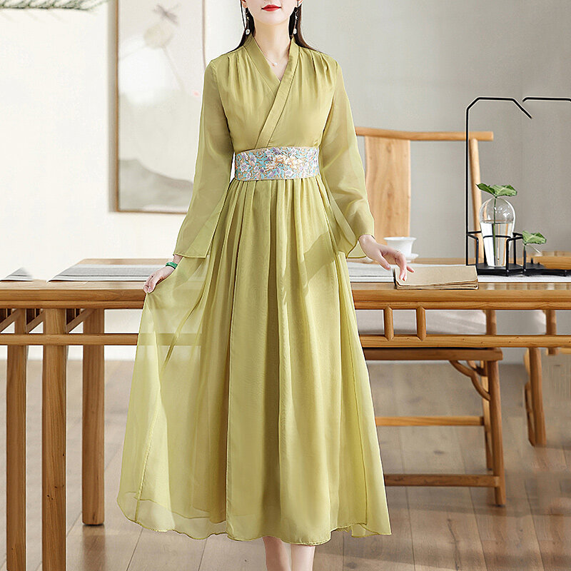 High-end Spring Summer Women Belt Dress Retro Elegant Embroidery A-line Lady Party Hanfu Dress Zen Tea Suit S-XXL
