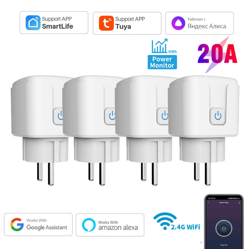 Enchufe inteligente Tuya 16A,20A, enchufe WiFi, función de sincronización de monitoreo de energía de la UE, funciona con Alexa, Google Home, Alice, Smart Life Home