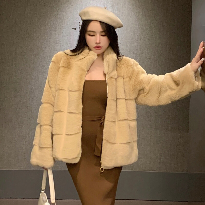 Abrigo de piel sintética para mujer, abrigo de manga larga con cremallera, ligero y cálido, moda coreana, Invierno