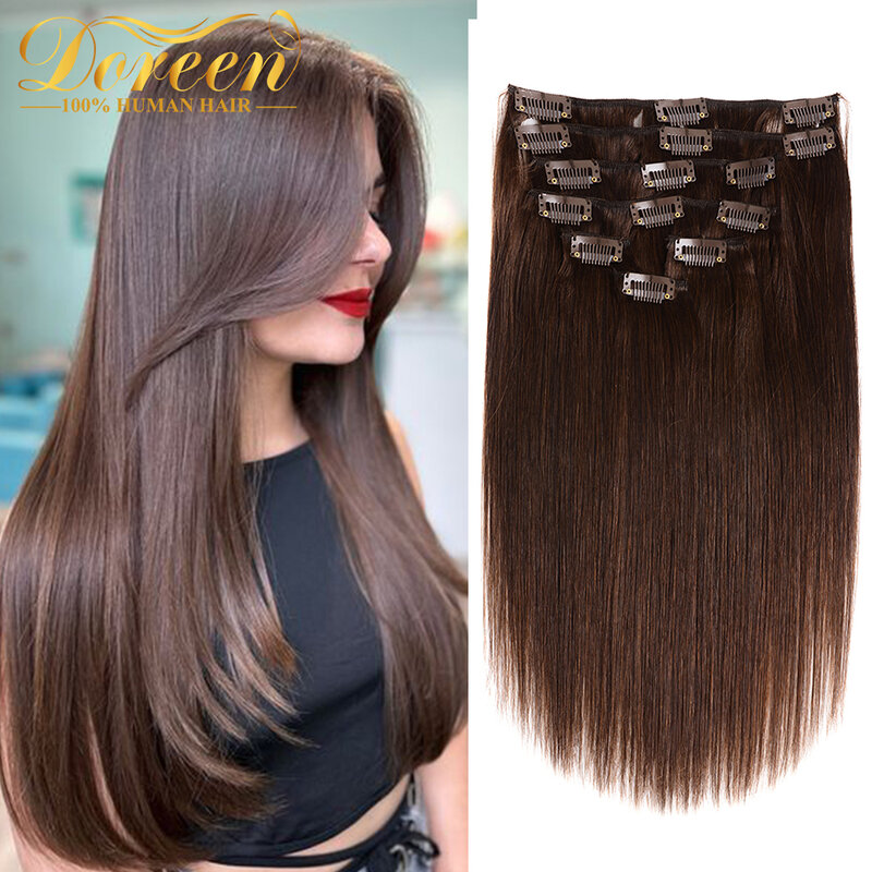 Doreen 10 12 14 16 European Short Double Weft Clip In Human Hair Extensions Thick 100% Straight Hair Clip In Extensions 7 Pieces
