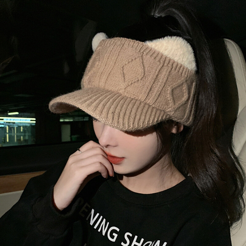 Beanies for Women Autumn and Winter Hats Women's Empty Top Knitted Caps Korean Style Warm Beanie Wool Caps Earmuffs Hats