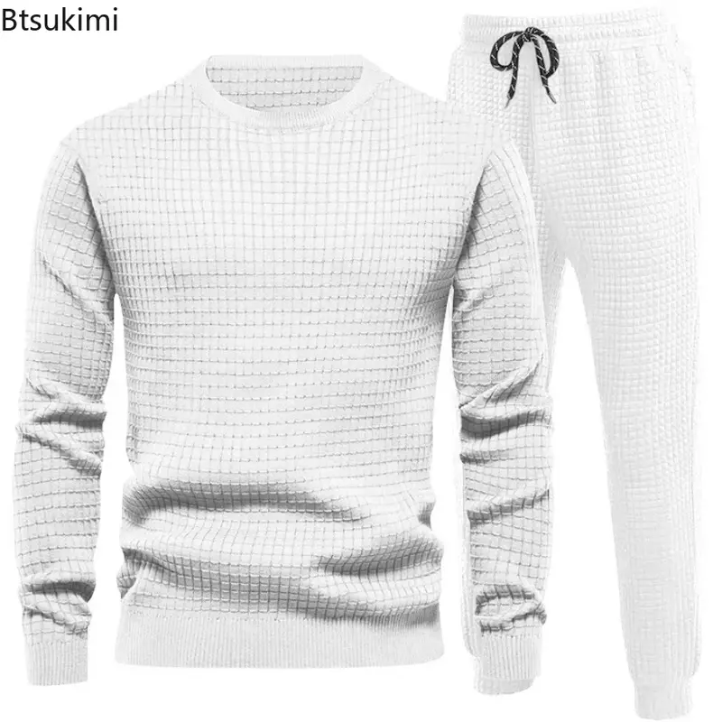 2024 Men's Casual Two Piece Tracksuit Sets Long Sleeve Pullover+Pants Sets Waffle Solid Sport Suits Running Fitness Sets for Men