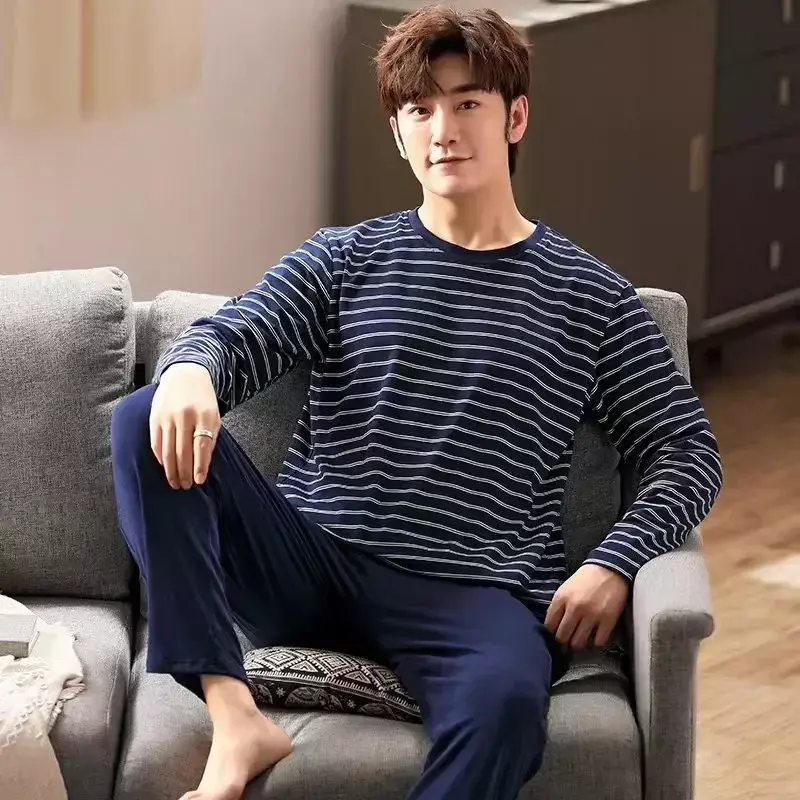 Men's Cotton Pajamas Arrival Striped Spring 2-piece Long-sleeved New Teen Winter And Autumn Suit Homewear