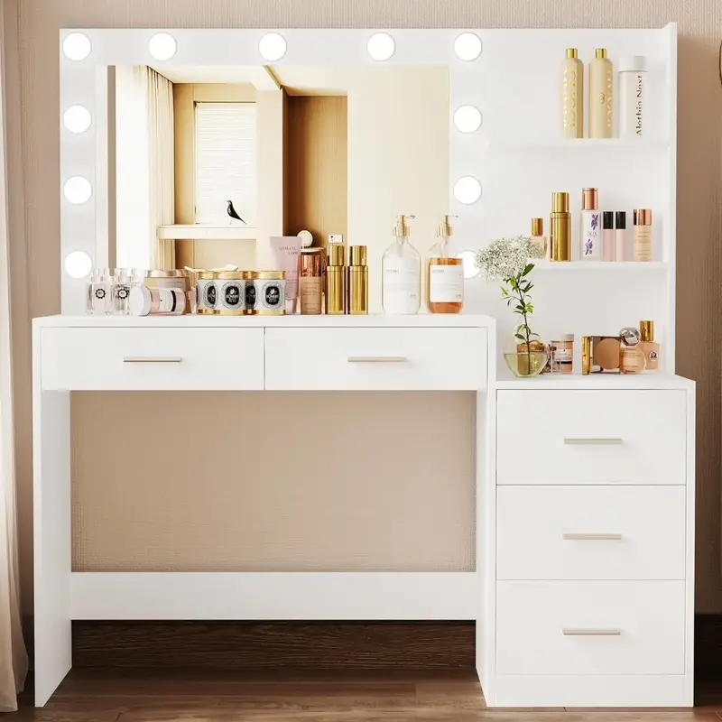 White RSZT106W Woman Dressing Table for Bedroom Furniture 46.7“ Makeup Vanity Table With Lighted Mirror Dresser 11 LED Lights