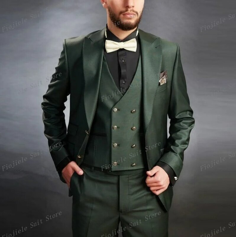 Мужской армейский зеленый костюм для мужчин, деловой костюм для выпускного, для жениха, для свадьбы, вечеринки, комплект из трех предметов, пиджак-смокинг для официальных мероприятий, жилет и брюки