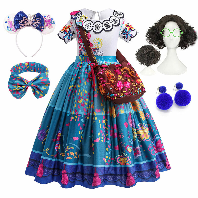 女の子のためのencanto miralabelコスチューム、バッグ付きMiralabelドレス、ハロウィーンのロールプレイ、マドルギロ、家族、コスプレプレ