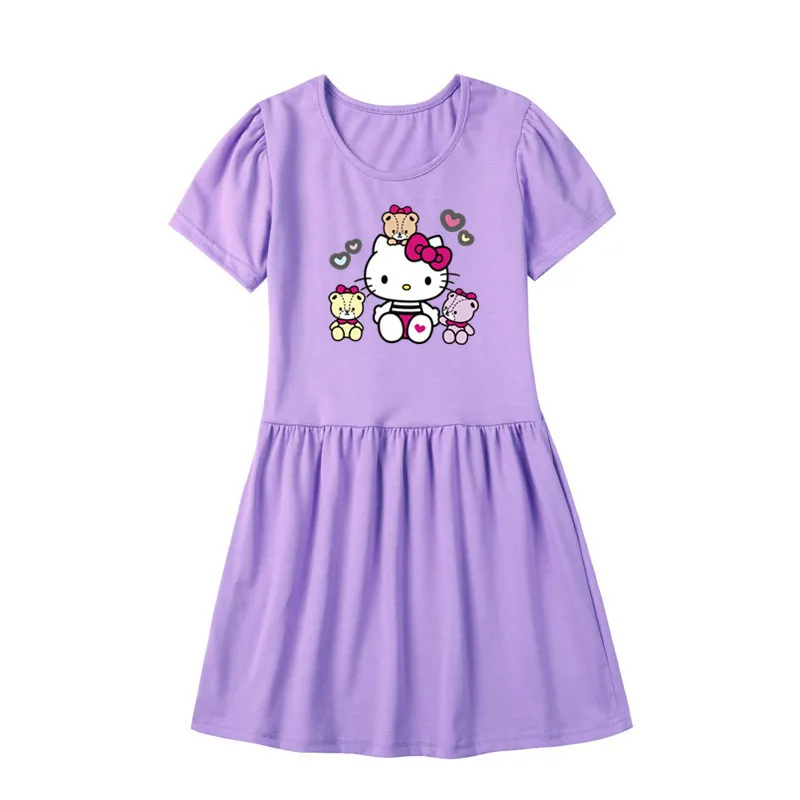Gaun panjang anak perempuan, baju putri lengan pendek Hello Kitty musim panas Sanrio modis kartun 2024