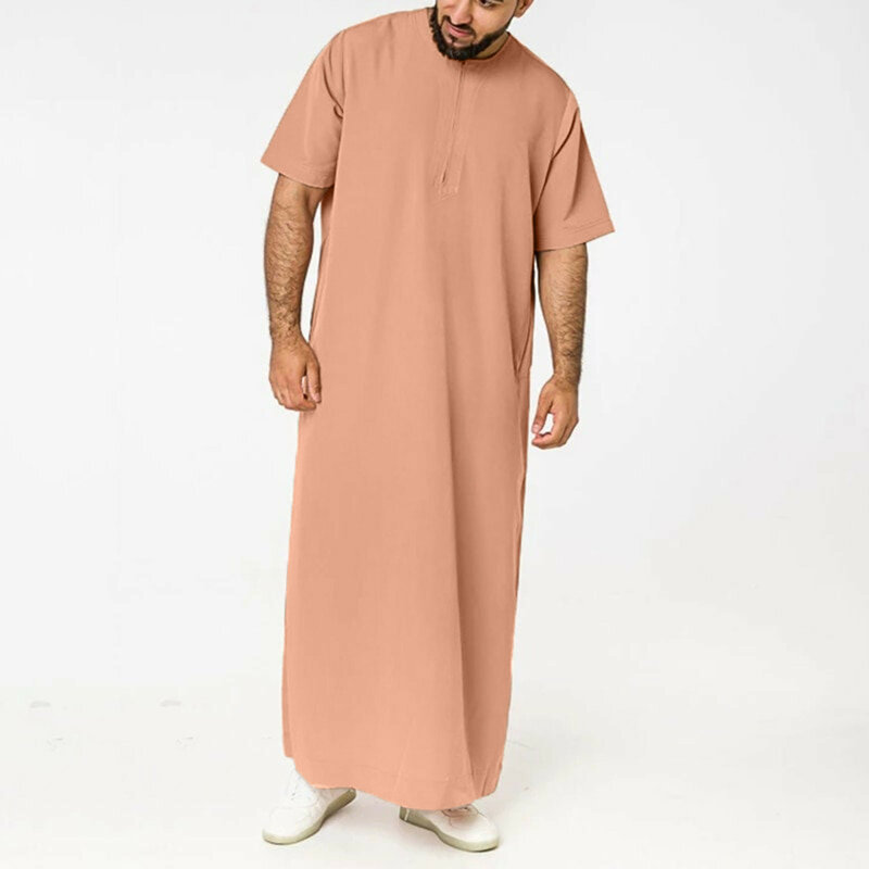 2024 Men's Muslim Jubba Thobe Solid Color Vintage Stand Collar Short Sleeve Robes Abaya Casual Male Islamic Arabic Kaftan