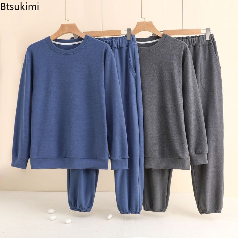 2024Autumn Winter Warm Homewear Sets Men's Pajamas Long Sleeve O-neck Pullover and Pants Loose Comfort Thicker Sleepwear for Men