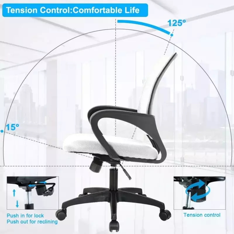 Ergonômico Mesh Desk Chair com apoio lombar, cadeiras de computador, Braço, Rolling Swivel, ajustável, Home, Branco