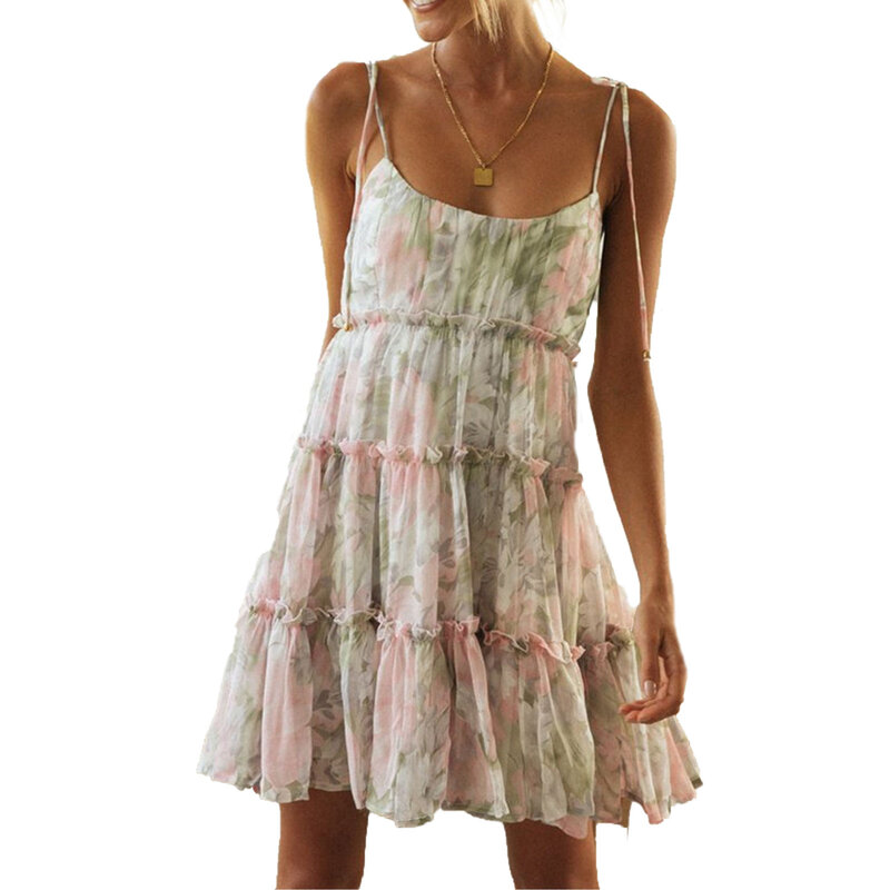 여성용 트렌디한 꽃무늬 미니 원피스, 섹시한 서스펜더 스퀘어 칼라, 레이스업 보호 스윙 프릴, 짧은 원피스, 해안 여름 옷