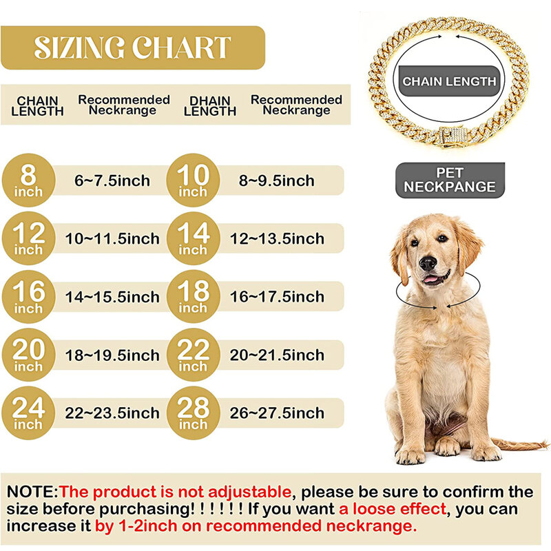 Luxury Gold Dog Chain Collar Cuban Chain Link Choke Collar for Small Medium Large Dogs Cats Pet Jewelry Necklace Accessories