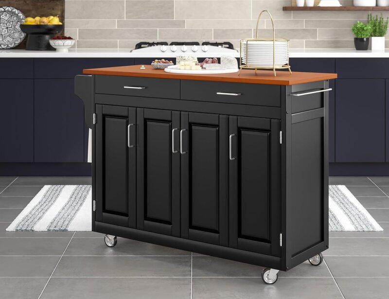 Armoire de cuisine à quatre portes avec dessus en acier inoxydable, create-a-cart mobile, finition noire, étagères réglables, styles domestiques