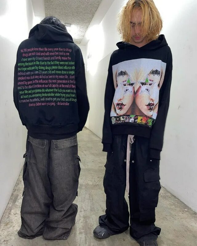Y2k American Street Fashion Anime Letter Graffiti Print Oversized Hoodie Men Goth Hip Hop Fashion Pullover Sweatshirt Women