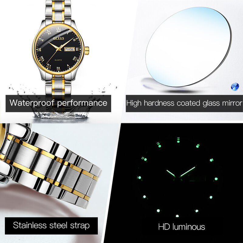 OLEVS-Relógio Quartzo Impermeável de Aço Inoxidável Feminino, Elegante Relógio de Pulso, Luminoso, Data Semana, Moda, Ladies
