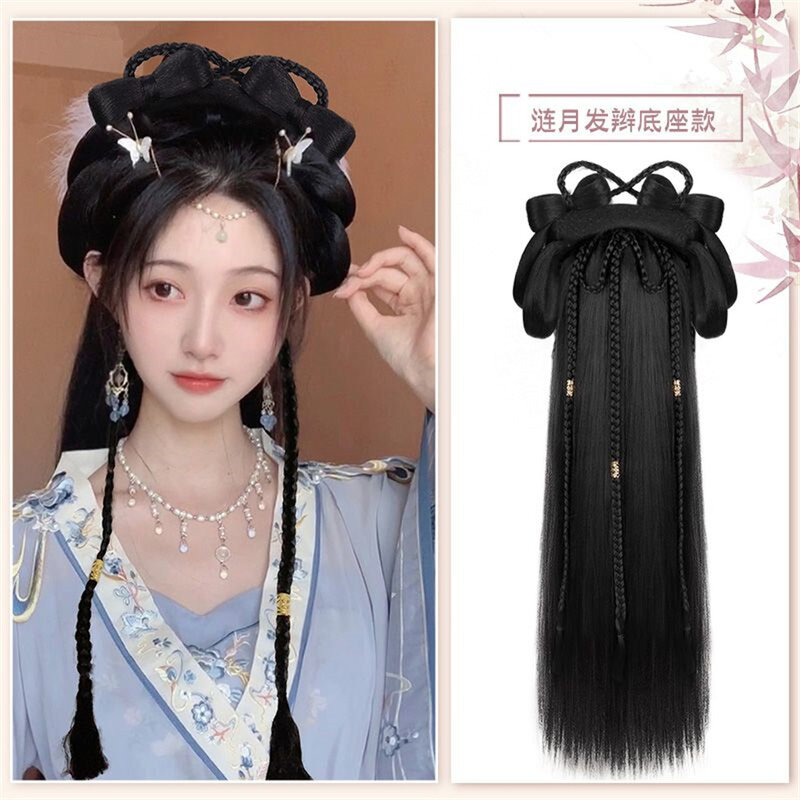 Peruca antiga chinesa para mulheres, perucas hanfu, cocar, fotografia, acessório de dança, coque de cabelo preto integrado