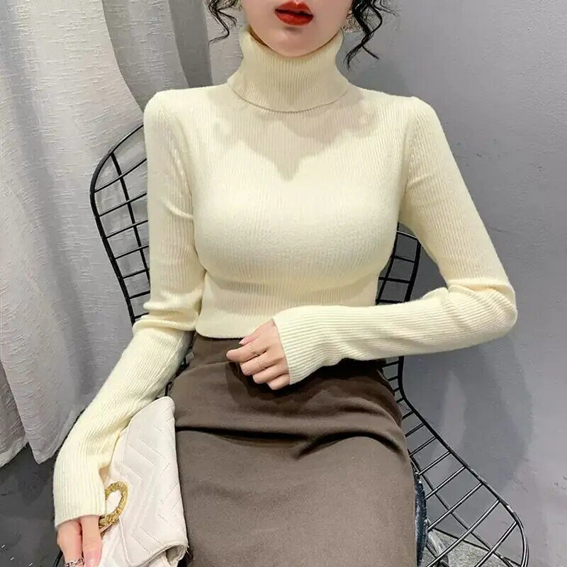 Women 2023 Spring Autumn New Turtleneck Warm Knitwear Female Casual Solid Bottoming Jumpers Ladies Pullovers Sweater Tops T417