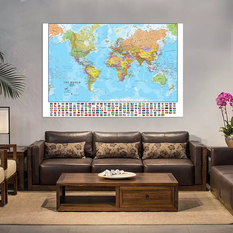 120x80cm peta dunia dengan bendera negara non-tenun lukisan dinding seni Poster dicetak gambar dekorasi rumah perlengkapan sekolah kantor