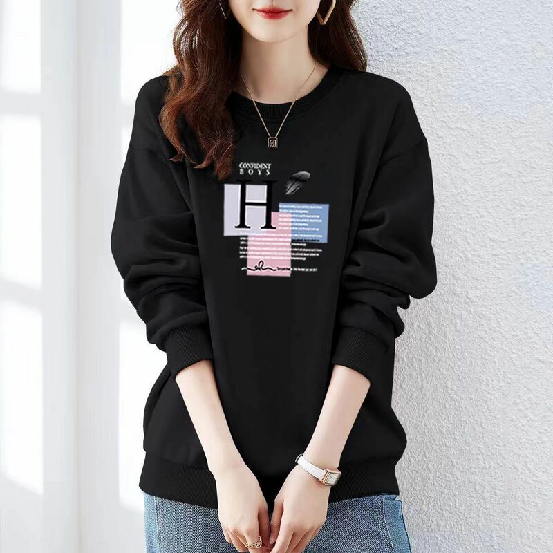 Spring Autumn Bow Printing Loose Casual Cotton Sweatshirt Ladies Simple All-match Pullover Top Women Comfortable Fashion Outwear