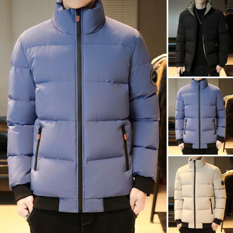 Men Winter Cotton Coat Thick Padded Windproof Warm Coat Stand Collar Neck Protection Zipper Closure Pockets Men Down Coat