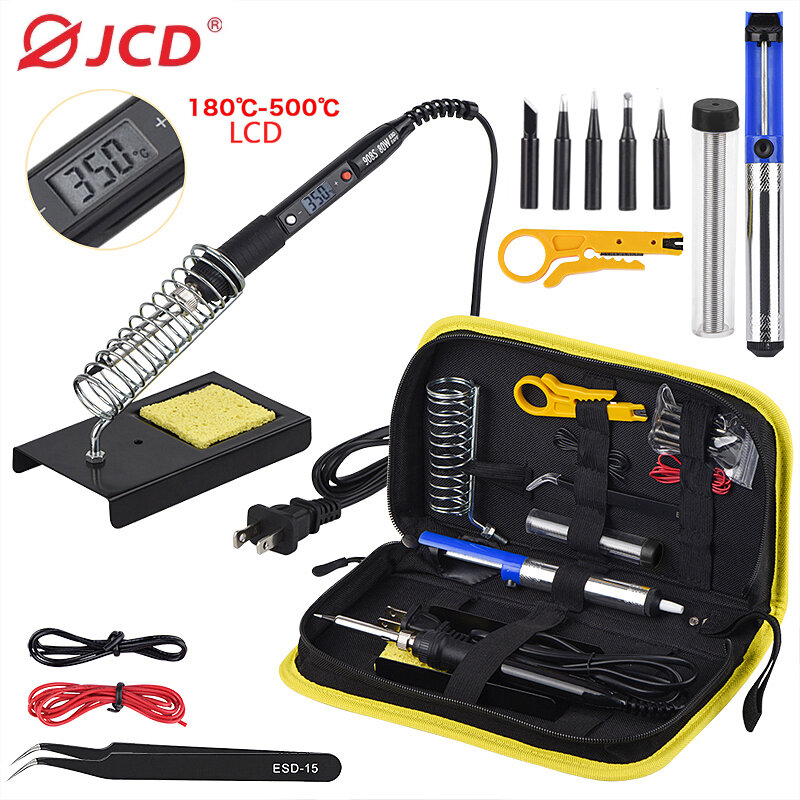 JCD-Kit de fer à souder LCD à température réglable, 110V, 220V, 80W, outils de soudage, fil à pointes, pompe à dessouder, chauffage