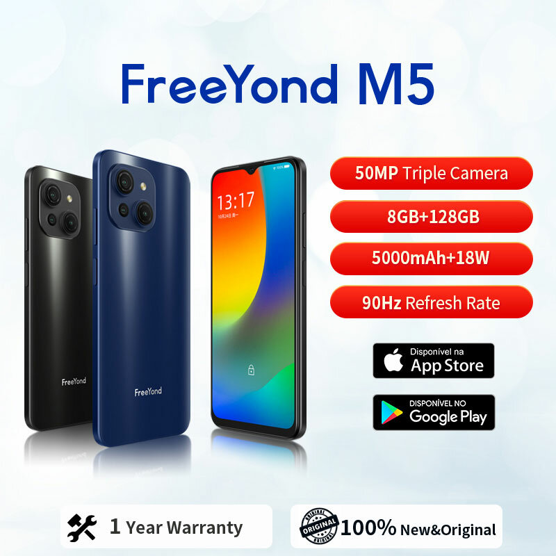 FreeYond-M5 Câmera tripla AI, 8GB, 128GB, 50MP, tela IPS 90Hz, 5000mAh, carregamento rápido 18W, Android