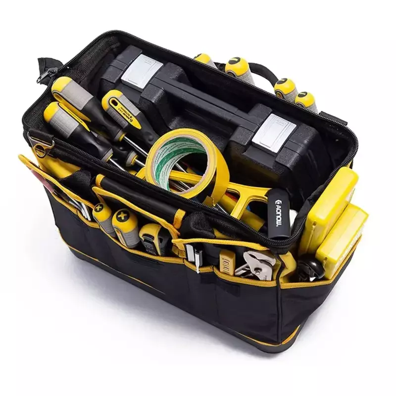 Tas peralatan tukang listrik, kotak penyimpanan tahan aus tugas berat tahan air Oxford 1680D kuning 14/16/18/20 inci praktis nyaman